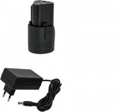 A black battery and a black charger are shown against a white background.