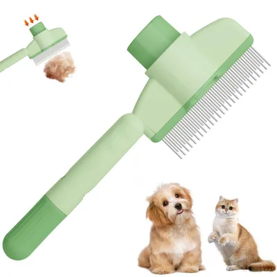 Image de Brosse pour chats avec système de nettoyage à un bouton, adaptée aux poils longs et courts, de couleur verte