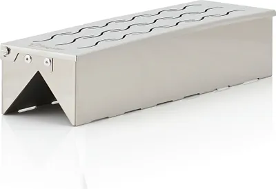 A stainless steel smoker box with a triangular base and wavy cutouts on the lid, shown on a white background.