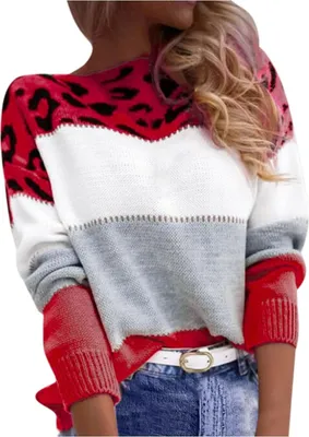 Produktbild von ASKSA Damen Strickpullover Langarm Rundhals Sweater Patchwork Knit Sweatshirt Herbst Winter Elegant Pullover Warme Lose Pulli,Rot,2XL