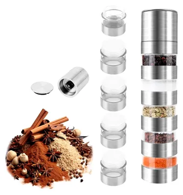 Produktbild von 5-in-1 Gewürzstreuer aus Edelstahl, Mini Gewürzgläser Set mit Gewürzmühle, Tragbarer Gewürzstreuer für Camping, Reisen, Picknick, Küche, Grillen und Outdoor 20 ml