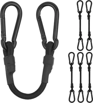 Productafbeelding van Set van 6 Zwarte Spanbanden met Karabijnhaak - Flexibele Bagagespanners 30 cm