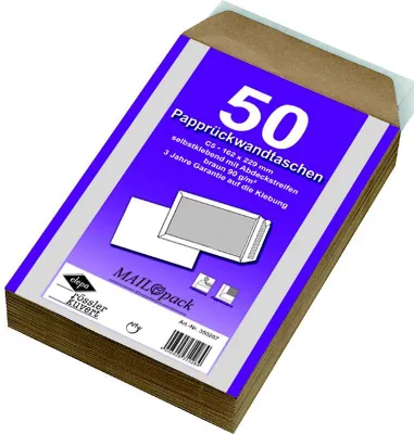 Produktbild von mayer-network 350287 Papprückwandtasche C5, haftklebend,m.Abdeckstr.,o.F., braun, 90 g/qm,50 Stück