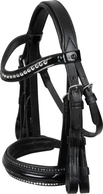 A black leather horse bridle with decorative rhinestones.