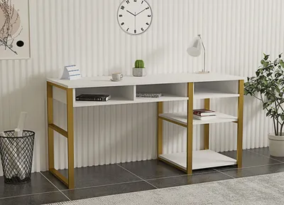 Produktbild von Skye Decor, Emro - White Gold, Schreibtisch, 100 % MELAMINBESCHICHTETE SPANPLATTEN, Weiß, 150 x 58,4 x 75,8 cm