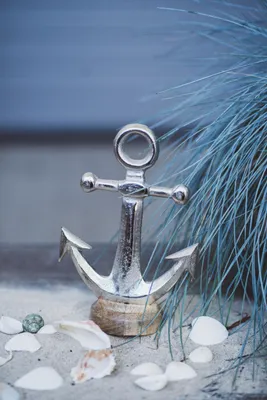 Produktbild von Metall Skulptur mit Holz-Fuß silber-braun Anker 16 x 25cm Dekofigur Tisch-Deko Maritim Mediterran Meeresdeko
