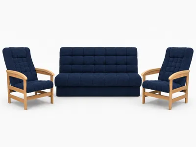 Produktbild von ANMIL SET Schlafsofa OLIO mit 2 Sesseln in Dunkelblau Stoff CORAL 3-teilige Polstergarnitur mit Schlaffunktion, Bettkasten und Gestell in Eiche Hell, KI-generiertes Bild