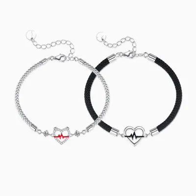 Produktbild von Paar Armband Herz EKG Partner Armbänder Damen Herren verstellbar Schwarz Silber Liebesarmband Geschenk für Paare Valentinstag, J0746