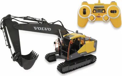 A remote-controlled Volvo excavator and its remote control are displayed against a white background.