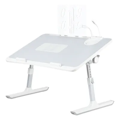 A white and gray adjustable laptop table with built-in lights and a fan, shown against a white background.