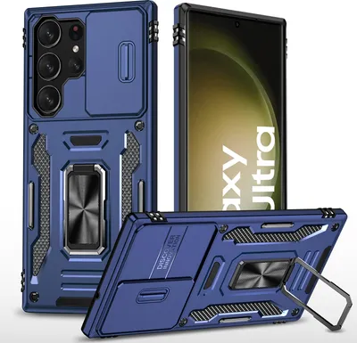 Produktbild von Galaxy S23 Ultra Hülle, Schiebe Kamera Schutz und Ringhalter Ständer Dual Layer Stoßfest Schutzhülle für Samsung Galaxy S23 Ultra