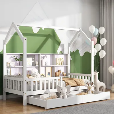 Produktbild von Flieks Kinderbett 90x200cm mit Rausfallschutz, Hausbett mit Lattenrost und 2 Schubladen, Massivholzbett Bodenbett mit Bücherregal, Weiß