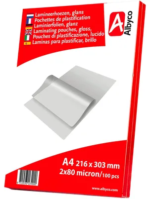 Productafbeelding van Albyco laminatiefolie, A4, 80 micron, glanzend, 100 stuks, warmtelamineerhoezen