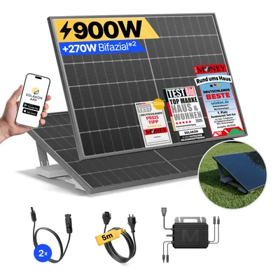 Produktbild von Balkonkraftwerk 900W Solaranlage mit Garten Halterung Steckerfertig Komplettset Photovoltaik Anlage 800W, Kabellänge: 5m, Solakon - onLite
