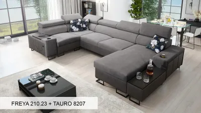 Produktbild von Moderne Wohnlandschaft U-Form Ecksofa MELODIE IV MAXI mit Schlaffunktion GRAU FREYA 210.23 + TAURO 8207