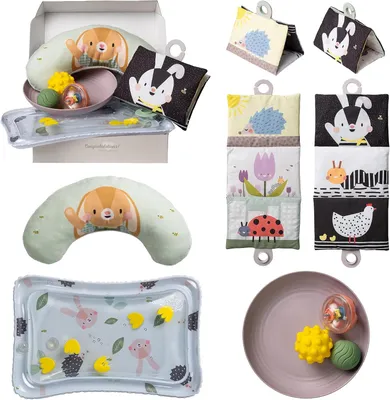 Productafbeelding van Toys baby tummy time kit - Hoog contrast zwart en wit kreukelboek - Steunkussen - Activiteit watermat - Sensorische