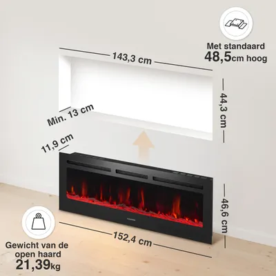 Obrázek produktu pro Elektrické krbové topení na zeď – 60 palců – 1800 W – 3D efekt plamene – černá barva
