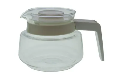 A clear glass coffee pot with a gray handle and lid on a white background.
