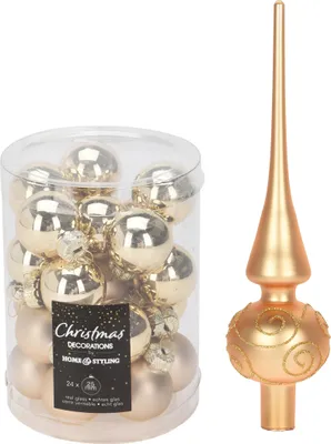 Produktbild von Set - Weihnachtsspitze (Glas, 25 cm) + Schmuckset 24 Stück, ø 2,5 cm, gold glänzend/matt