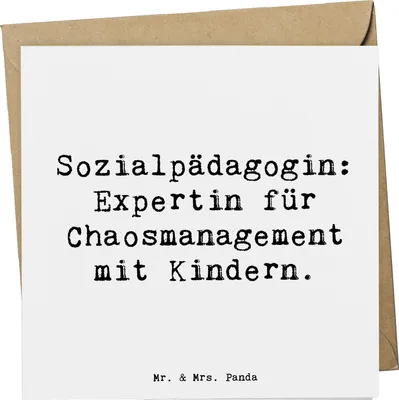 Produktbild von Mr. & Mrs. Panda Klappkarte Spruch Sozialpädagogin Chaosmeisterin - Weiß - Geschenk, Kinderpädagogik, Helferberuf, Berufsgestaltung, doppelkarte, Beruf, Glückwunschkarte