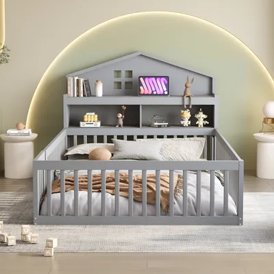 Obrázek produktu pro okwish Dětská postel Podlahová postel 140 x 200, Domečková lišta, s policemi a úložným prostorem, s ochrannou mřížkou a dveřmi, s obrazovou lištou, s laťovým roštem, Šedá bez matrace