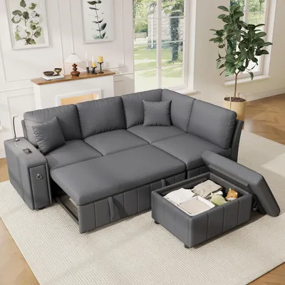 Produktbild von MODFU Ecksofa Wohnzimmersofa mit USB und Type‑C‑Anschluss Modulares Sofa Schlafsofa mit Leselicht und Kissen Loungesofa mit Stauraum‑Hocker Sitzgruppe mit Stauraum‑Hocker Grau