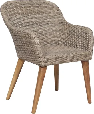 A single taupe rattan chair with wooden legs on a white background.