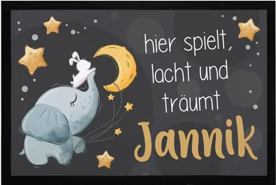 Produktbild von Fußmatte Kinderzimmer personalisiert mit Name Elefant Mond Sterne Türvorleger Kind rutschfest & waschbar SpecialMe® weiß 60x40cm