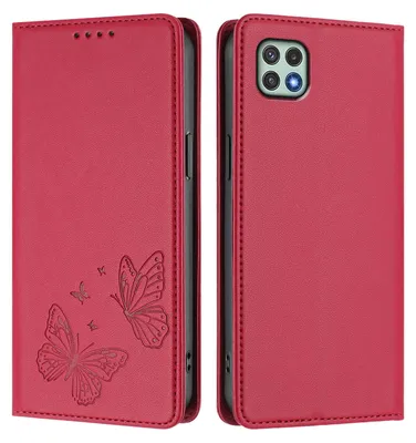 Image de Étui en cuir pour Samsung Galaxy A22 5G, motif papillon en relief, étui à rabat avec porte-appareil, rouge