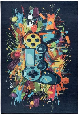 Zdjęcie produktu dla Dyrektora Unyqoos® - Dywan dla dzieci, motyw gamingowy, graffiti - niebieski, wielokolorowy, 60 x 180 cm, poliester, można prać w 30°C, antypoślizgowy, odpowiedni do ogrzewania podłogowego, certyfikat OEKO-TEX®