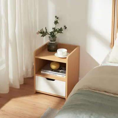 Produktbild von Nachttisch 'Bordkak' mit 1 Schublade und 1 Ablagefach 45 x 36 x 34 cm Holzbeine Eicheoptik/Weiß