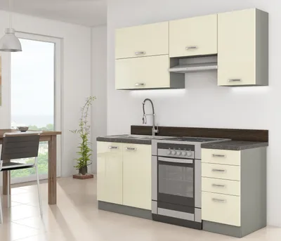 Obrázek produktu pro Kuchyně do paneláku 180/180 cm SHAN 2 - šedá / lesklá krémová + LED, dřez a příborník
