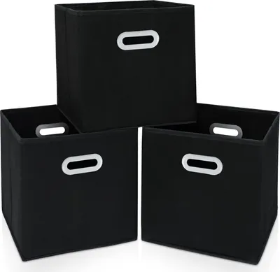 Obrázek produktu pro Látkové úložné boxy, látkový kostkový organizér se dvěma uchy, skládací úložné koše pro domácnost a ložnici, sada 3 kusů, černá barva