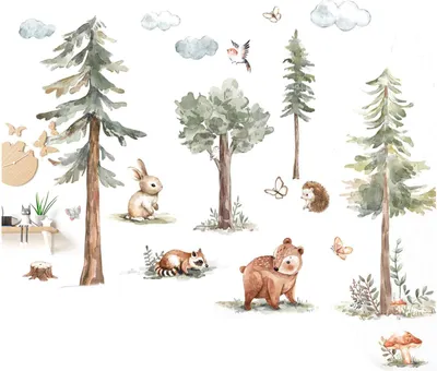 Produktbild von 4 pcs Wandtattoo Waldtiere Baum Groß Wandaufkleber,Wandtattoo Waldtiere Baum Wandsticker, für Kinderzimmer Babyzimmer Schlafzimmer