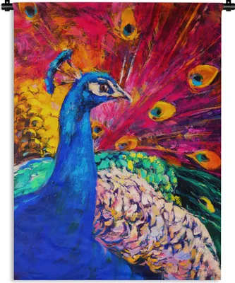 Produktbild von MuchoWow® Wandteppich Wandbehang Gemälde - Vogel - Pfau - Ölgemälde 90x120 cm Tapisserie Dekoration Wandtuch - Wanddeko