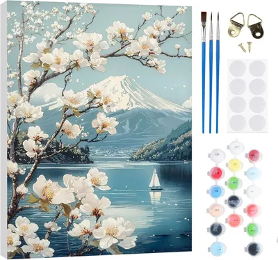 Produktbild von Sonstiges Bild RICUVED Monte Fuji Malen nach Zahlen 20 x 30 cm für Erwachsene und Kinder, Landschaft, Komplettset mit Holzrahmen, Pinsel, Öl und Magne