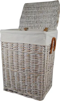 A white wicker laundry basket with a fabric liner and a lid.