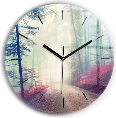 Produktbild von Wallfluent Wanduhr – Stilles Quarzuhrwerk - Uhr Dekoration Wohnzimmer Schlafzimmer Küche - Zifferblatt mit Striche - schwarze Zeiger - 30 cm - Herbststraße Waldnebel