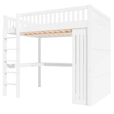 A white loft bed with a desk underneath, shown against a white background.