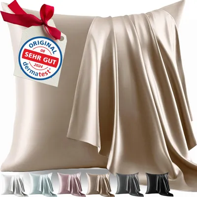 Produktbild von Kissenbezug aus 100 % Seide, 80 x 80 cm | Schweres Material: 22 Momme, ideal für Haut und Haar | Höchste Qualität, Klasse 6A & YKK | Streng  in der Schweiz | * Seidenkissenbezug, beige-gold