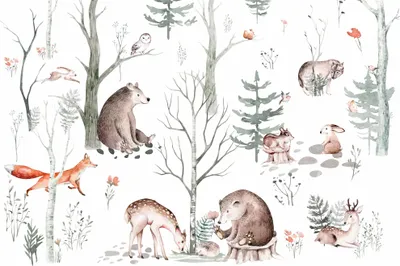 Produktbild von Wandtattoo Waldtiere Kinderzimmer | Bär, Fuchs, Hase, Reh | 200x135 cm | Selbstklebende Waldtiere Wandsticker für Kinder