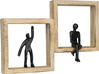 Image de Figurine décorative Duality Noir 37 cm Bois de mangue Figurine murale en aluminium avec deux figurines dans un cadre Symbole d'équilibre Communication Équilibre Sculpture