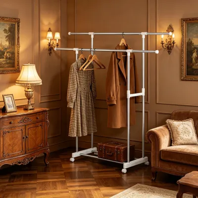Image de Support mural pour manteaux, porte-vêtements mobile sur roulettes, armoire ouverte, porte-vêtements extensible