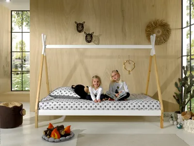Image de Vipack - Tipi Tente Lit Surface de couchage 90 x 200 cm, incl. sommier à lattes, finition pin massif nature/blanc