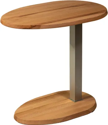 A modern side table with an oval wooden top and base, connected by a rectangular metal leg.
