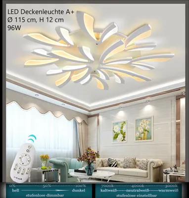 A modern living room with a large, decorative LED ceiling light.