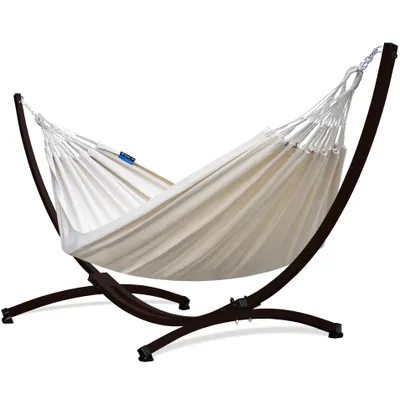 Produktbild von Potenza Outdoor Medelin Hängematte mit Gestell für 2 Personen I 100% Baumwolle Doppelhängematte 220x140, 160kg I Braun Hängemattengestell 220kg, wetterfest
