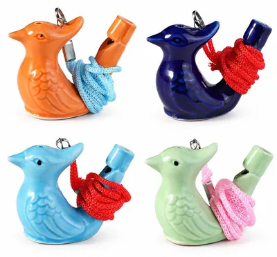 Produktbild von Keramik Vogelpfeife 4er Set, Vogelstimmen Pfeife in Orange, Blau und Grün, mit Kordel, kleines Klangspielzeug für Kinder