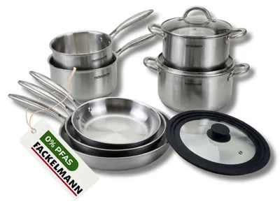 Image de 3 poêles à Frire 20 24 et 26 cm, Casseroles 1 et 18 cm, Faitouts 20 24 cm inox 18/10 Triply, Couvercle Fackelmann Vita3, Image générée par une IA