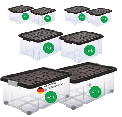 Produktbild von Novaliv 8 tlg Sparset Aufbewahrungsboxen mit Deckel Anthrazit 2x45 L + 2x 15L + 4x 5L Nestbar stapelbar Clipverschluss Rollboxen BPA-frei